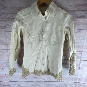 Soft Surroundings Linen Blouse Sz XS Embroidered Sleeve/Hem Button Up Boho